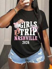 Playeras de mujer, nueva camiseta esencial de algodón para mujer, transpirable, ligera, de corte holgado, de manga corta, para viajes de chicas, camiseta para fiesta en Nashville, atuendo de fin de semana para mujeres, camiseta para vacaciones en grupo, blusas casuales para dama, camiseta colorida, ropa de mujer con motivos 2026. - Negro - Ver 6