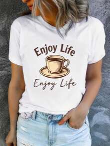 Camiseta de manga corta estampada para mujer con cuello redondo, moderna y casual, lavable a máquina, ajuste cómodo, estampado plano 2D, Blusas Para Mujer Casual 2D. - Blanco_10 - Ver 7