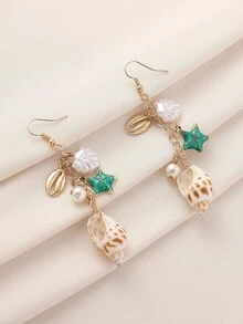 1 Par de Brincos com Borla de Corrente de Contas, Estrela do Mar e Pérola Falsa em Estilo Oceânico Natural, Adequado para Uso Casual em Férias na Praia Boho de Mulheres. O Tamanho, Formato e Cor da Concha Natural e do Búzio Variam ligeiramente. - Multicolorido - Visão 9
