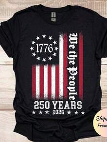 Impala Camiseta estampada unisex de una pieza de gran tamaño, camiseta del 250º aniversario de la América, sudadera de los 250 años de la US, camiseta We The People, sudadera vintage del Día de la Independencia, camiseta patriótica. - Negro - Ver 1