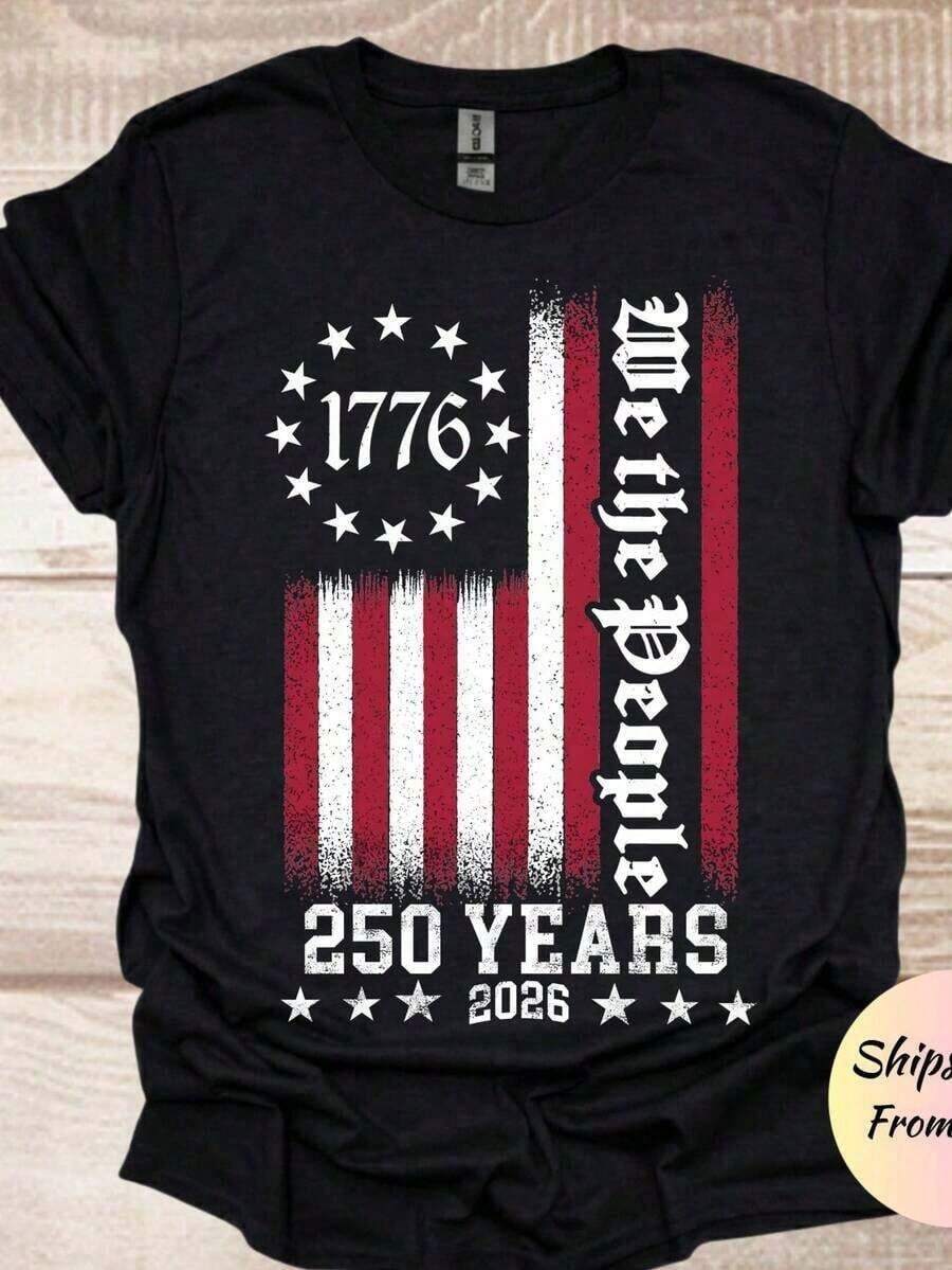 Impala Camiseta estampada unisex de una pieza de gran tamaño, camiseta del 250º aniversario de la América, sudadera de los 250 años de la US, camiseta We The People, sudadera vintage del Día de la Independencia, camiseta patriótica. - Negro - Ver 1