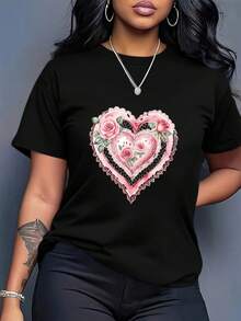 Ropa de mujer, camiseta holgada para damas - Blusa blanca suave, transpirable, cómoda y de buen ajuste, con estampados de corazones femeninos y motivos florales, decorada con rosas rosadas y hojas verdes - Una prenda casual imprescindible para la primavera y el verano, la camiseta tiene un diseño duradero de cuello redondo, creando una prenda de moda ligera y cómoda para mujeres. - Negro - Ver 2
