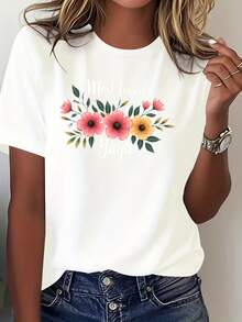 La moderna y minimalista camiseta de manga corta para mujer presenta estampados florales y de letras, y la tela es adecuada para el uso diario informal. - Blanco - Ver 7