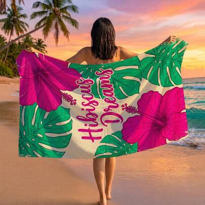 1pc Hibiscus & Coconut Print Beach Towel, Suitable For Travel, Outdoor Camping, Beach, Swimming, Beach Vacation