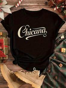 Camiseta de estilo  para mujer - Camiseta blanca de estilo mexicano con la impresión en cursiva "Chicana", atuendo cultural informal, camiseta de manga corta y cuello redondo para uso diario, adecuada para eventos del Día de Muertos (lavable a máquina). - Negro - Ver 5