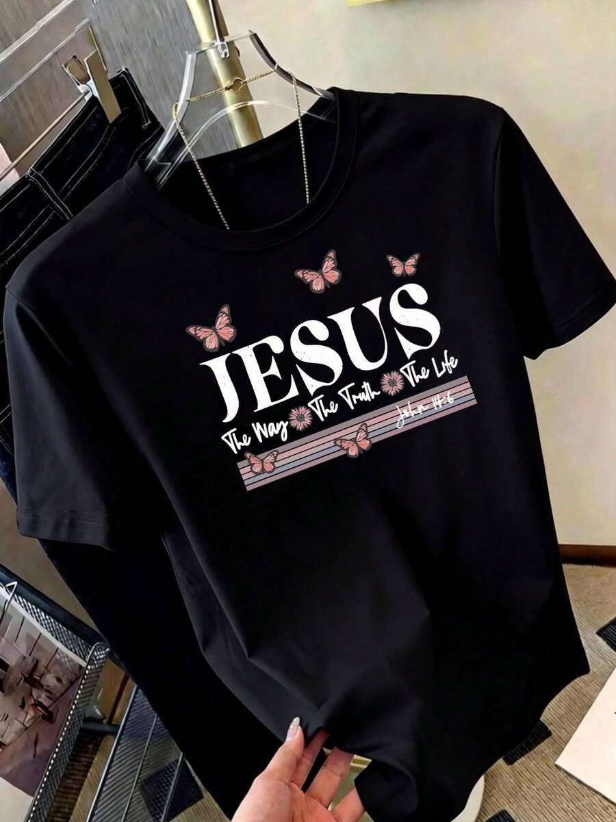 Women's 100% Pure Cotton T-Shirt, Bohemian Style, With Artistic Floral Print, Casual, Basic, Short Sleeve, Fashionable. Women's T-Shirt With Vintage Bohemian Pattern, 100% Cotton, Soft, Breathable, Round Neck, Short Sleeve, Urban Boho Style. - 黑色 - 查看 1