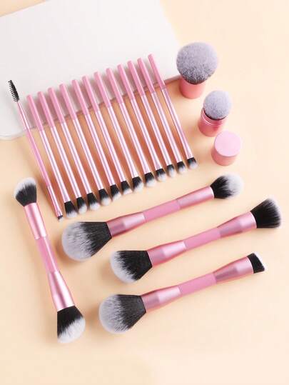 ronshadow Bộ cọ trang điểm chuyên nghiệp 19 món, gồm cọ phấn phủ, cọ má hồng, cọ nền, cọ phấn mắt, cọ kẻ lông mày, cọ môi, lông mềm, không thấm hút, dụng cụ trang điểm cơ bản, màu hồng.