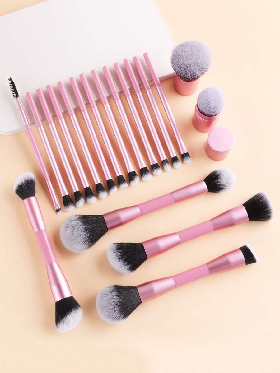 ronshadow Bộ cọ trang điểm chuyên nghiệp 19 món, gồm cọ phấn phủ, cọ má hồng, cọ nền, cọ phấn mắt, cọ kẻ lông mày, cọ môi, lông mềm, không thấm hút, dụng cụ trang điểm cơ bản, màu hồng. - Hồng - Xem 1