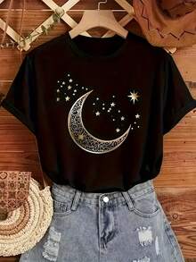 Women's Bohemian Style T-Shirt With Night Sky Print - Print Of A Star And Golden Stars, Short Length, Round Neck, Casual Summer Beachwear, Bohemian Astronomical Design, Suitable For Daily Wear In Spring, Summer And Autumn, And As Sleepwear (Lightweight And Breathable), Essential Seasonal Wardrobe Item, T-Shirt To Match. Elegant Party Outfit, T-Shirt For Elegant Ladies, Blouses Suitable For Curvy Women, Prom Skirts, Casual Wear. Adorable Animal Print, Fun Letter Print - 黑色 - 查看 7