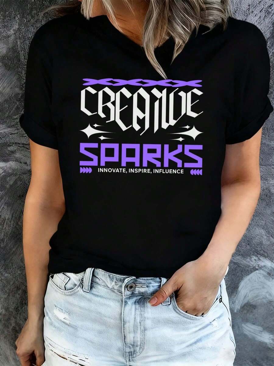 Camiseta negra estampada para mujer, con diseño de chispas creativas que inspiran, motivan e influyen. Esta camiseta de corte regular y estilo casual ofrece comodidad para el día a día con un estilo urbano relajado. -Camiseta unisex de manga corta, cuello redondo, de algodón, estilo vintage urbano. - Negro - Ver 1