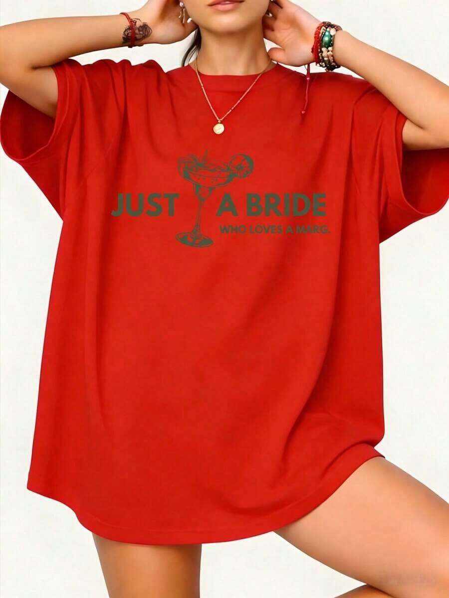 Talla Grande, Manga Corta, 100% Algodón, Camiseta "Just A BRIDE Who Loves Margs" - Camiseta de Novia, Camiseta Divertida para Fiesta de Solteras, Camiseta de Esposa, Camiseta de Despedida de Soltera, Regalo para la Novia, 100% Algodón - Rojo - Ver 1
