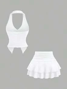 Conjunto de 2 piezas de top corto con escote profundo en V y espalda descubierta, emparejado con falda casual de diseño retro con hebilla de metal para mujeres, para vacaciones y citas, primavera/verano - Blanco - Ver 2