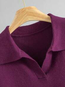 Camiseta de punto de manga corta para mujer, suéter casual cómodo y suave con cuello polo, para primavera/verano - Rojo - Ver 4