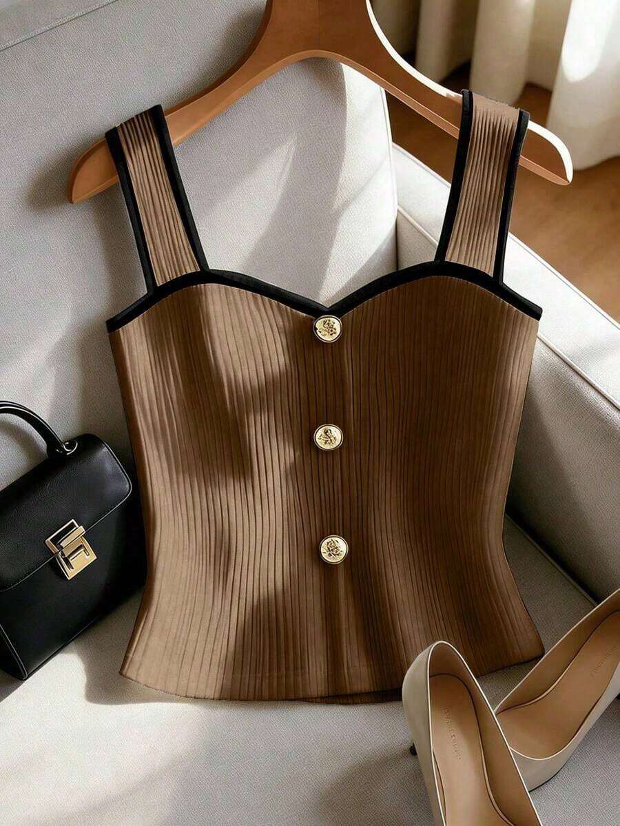 Nuevo llegado de primavera/verano Elegante estilo francés sin mangas Blanco Chic Decorativo Botón Contraste Color Blocking Camiseta de tirantes, Chaleco casual de mujer, Camisola sexy, Blusa sin mangas, Conjunto de primavera/verano - Marrón - Ver 1