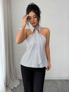 Camisa de rayas casual y de uso diario para mujer, sencilla y versátil de moda para el verano - Blanco y Negro - Ver 5