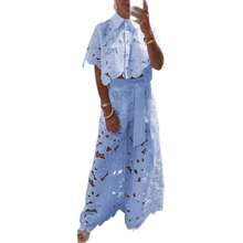 Conjunto Casual para Mujer Nueva Temporada Verano, Blusa Encaje Calado + Pantalones Largos - Azul - Ver 2