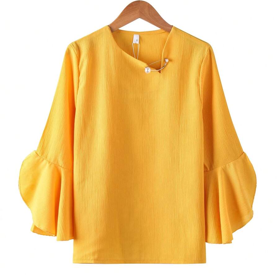 Women's Loose Chiffon Blouse With Seven-Point Ruffle Sleeves - 黃色 - 查看 1