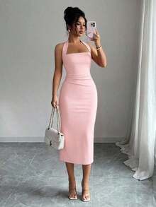 Vestido de mujer de longitud media elegante, adecuado para vacaciones, reuniones diarias, fiestas y eventos de cóctel de verano - Rosa - Ver 7