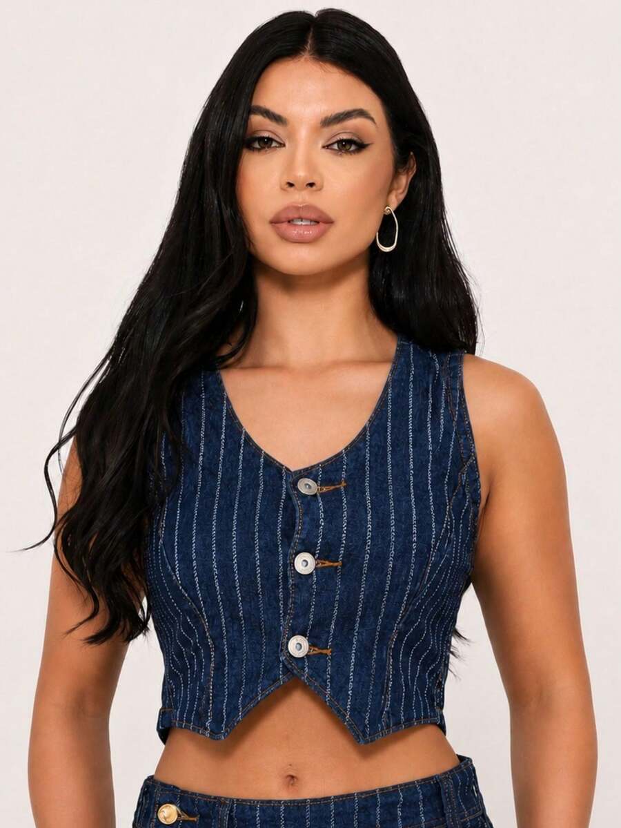 Denim Blazer Vest With Tank Top And Lycra - Striped Blue - View 1