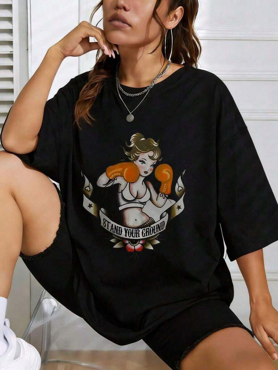 Camiseta Gráfica de Manga Corta para Mujer, de Algodón, Estilo Retro, Estampado Gráfico - Camisetas Casuales de Verano de Manga Corta para Mujer, Regalo para Ella, Estilo Vintage - Negro - Ver 1