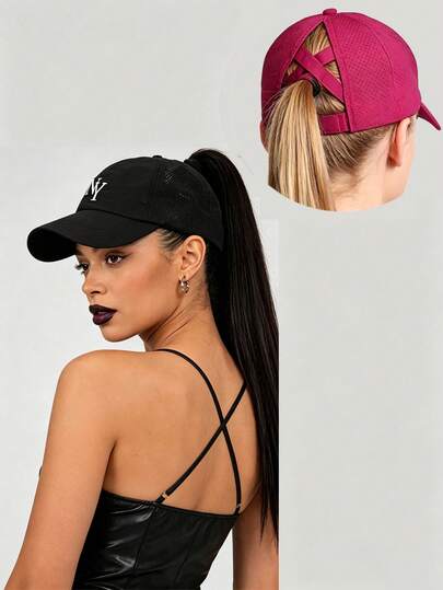 1Pc Printed Pattern Letters"NY"Criss-Cross Ponytail Mesh Baseball Cap, Solid Color Hat,Adjustable Outdoor Sun Protection Casual Hat, Suitable For Spring/Autumn, Travel, Beach, Y2K Style For Youth