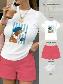 Conjunto de dos piezas de camiseta corta y shorts para mujer, con perro salchicha tomando café en fondo de rayas azules y blancas, estilo vintage y acogedor, ideal para un look francés relajado, cómodo y original - Camiseta blanca + pantalones cortos ROSA - Ver 1