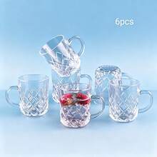 6pcs Rhombus Embossed Glass Cups With Handles, 7.2cm High Transparent Water Glasses - Transparent - View 2