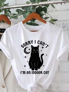 Camiseta Casual de Manga Corta con Cuello Redondo y Estampado de Gato Gótico para Mujer, Perfecta para Primavera y Verano. Adecuada para primavera, verano y otoño. - Blanco - Ver 2