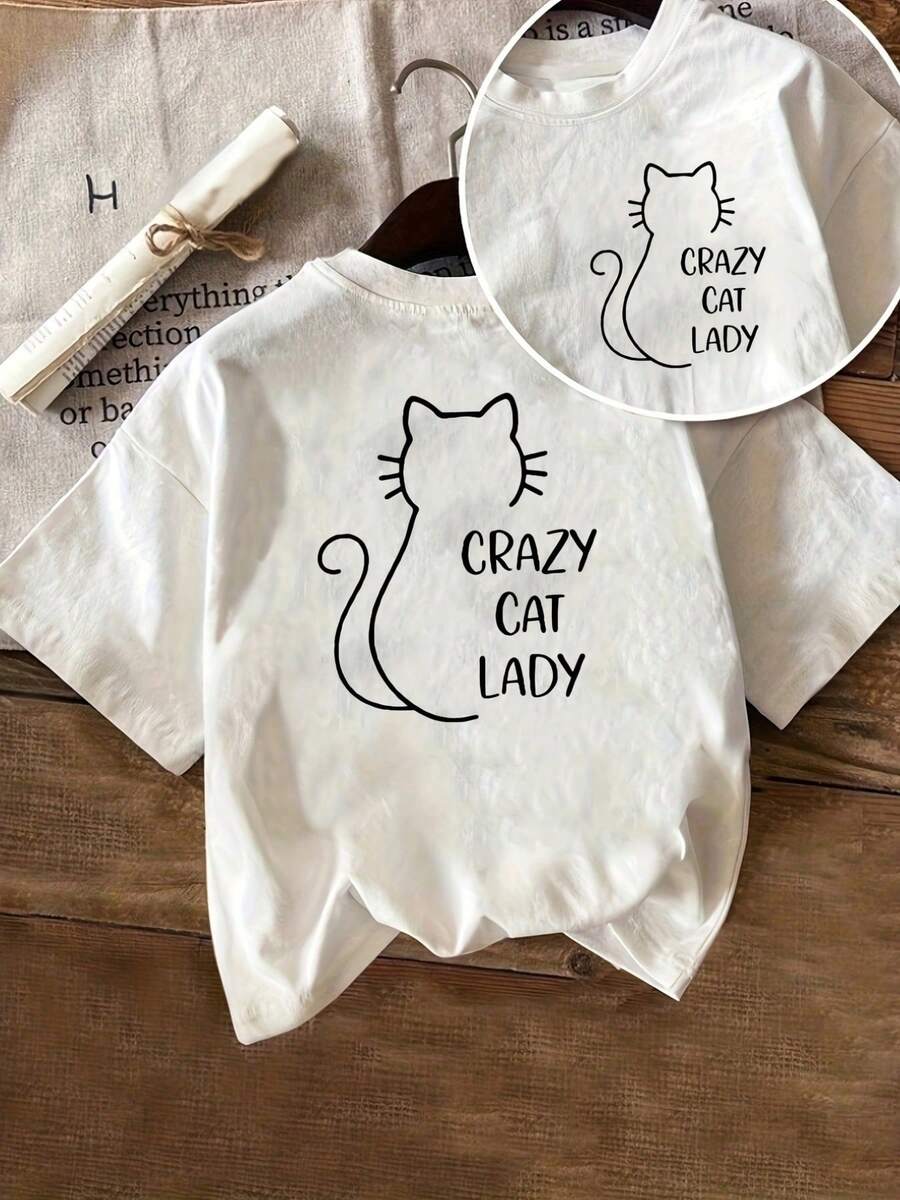 Camiseta estampada de manga corta, , camiseta casual moderna para amantes de los gatos, top casual de manga corta con cuello redondo, para verano y primavera, ropa de mujer 100% algodón. - Blanco - Ver 1