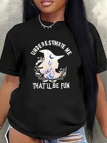 Camiseta de manga corta, estampada con el diseño "Subestimar mi capacidad sería divertido", ligera y duradera, adecuada para el hogar, la oficina o ocasiones informales como restaurantes, decorada con un diseño de bruja, cómoda de llevar.blusa casual mujer - Negro - Ver 1