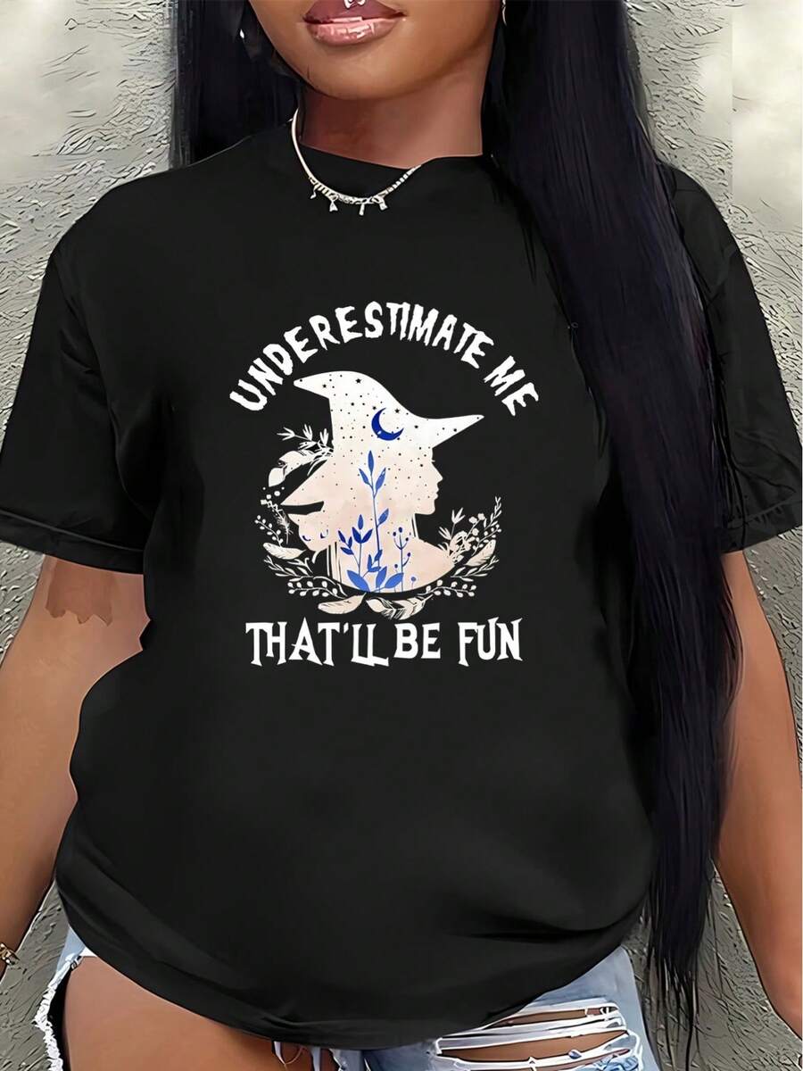 Camiseta de manga corta, estampada con el diseño "Subestimar mi capacidad sería divertido", ligera y duradera, adecuada para el hogar, la oficina o ocasiones informales como restaurantes, decorada con un diseño de bruja, cómoda de llevar.blusa casual mujer - Negro - Ver 1