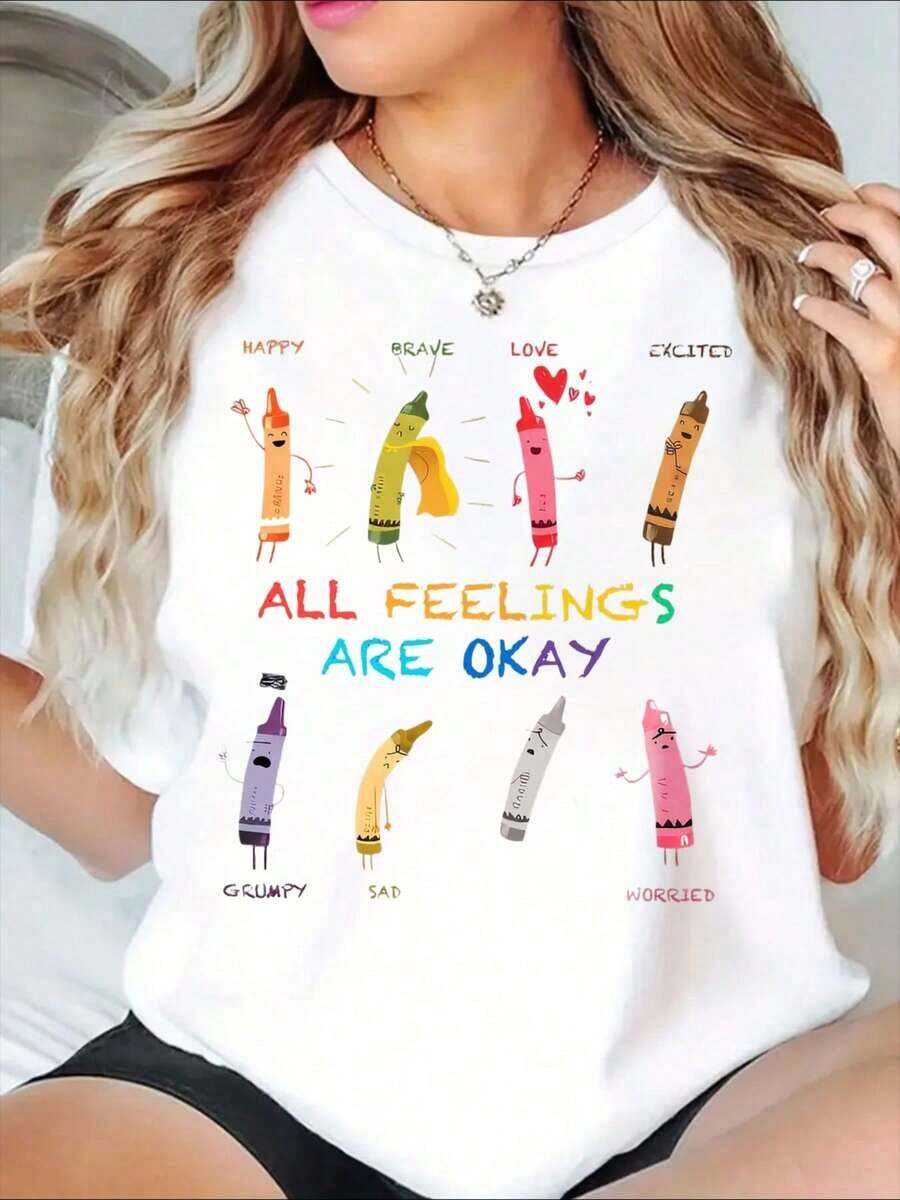 Women's "All Feelings Are Okay" Graphic Design T-Shirt With Expressions Of Happiness, Courage, Love, Enthusiasm, Sadness, And Worry - Cute And Positive Message - Vintage Urban Style, Unisex, Loose Fit Short Sleeve Crew Neck Cotton T-Shirt, 100% Cotton - 白色 - 查看 1