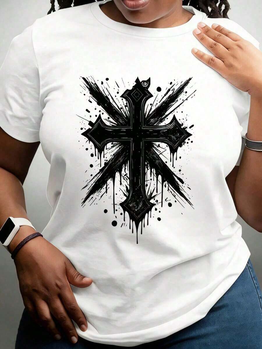 Camiseta con Diseño Gráfico de Cruz y Detalle de Ojo, 220g, Adecuada para Ropa Deportiva Casual - Estilo Urbano Vintage, Unisex, de Algodón, Manga Corta, Cuello Redondo, 100% Algodón - Blanco - Ver 1