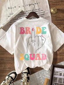 Nueva Blusa Casual de Verano para Mujer, Estampado Reversible, Estilo Retro, Cuello Redondo unicolor Manga Corta Camiseta con Patrón de Anillo y Texto "Novia Tribu" Blanco QBOE - Blanco - Ver 3