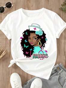 Camiseta de Enfermera para Mujer con Estampado de Enfermera Afroamericana y Texto de Enfermera para Uso Casual en Primavera y Verano - Blanco - Ver 2