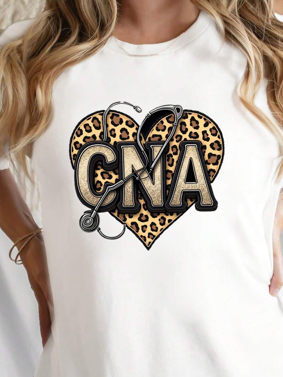 Camiseta Casual para Mujer CNA, Estampado de Leopardo, Manga Corta, Cuello Redondo, Adecuada para Primavera y Otoño. S5BW - Blanco - Ver 1