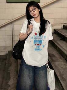 ropa de mujer Camiseta de manga corta holgada con estampado de dibujos animados, diseño único para mujeres pequeñas, camisas de mujer negras casuales - Blanco - Ver 3