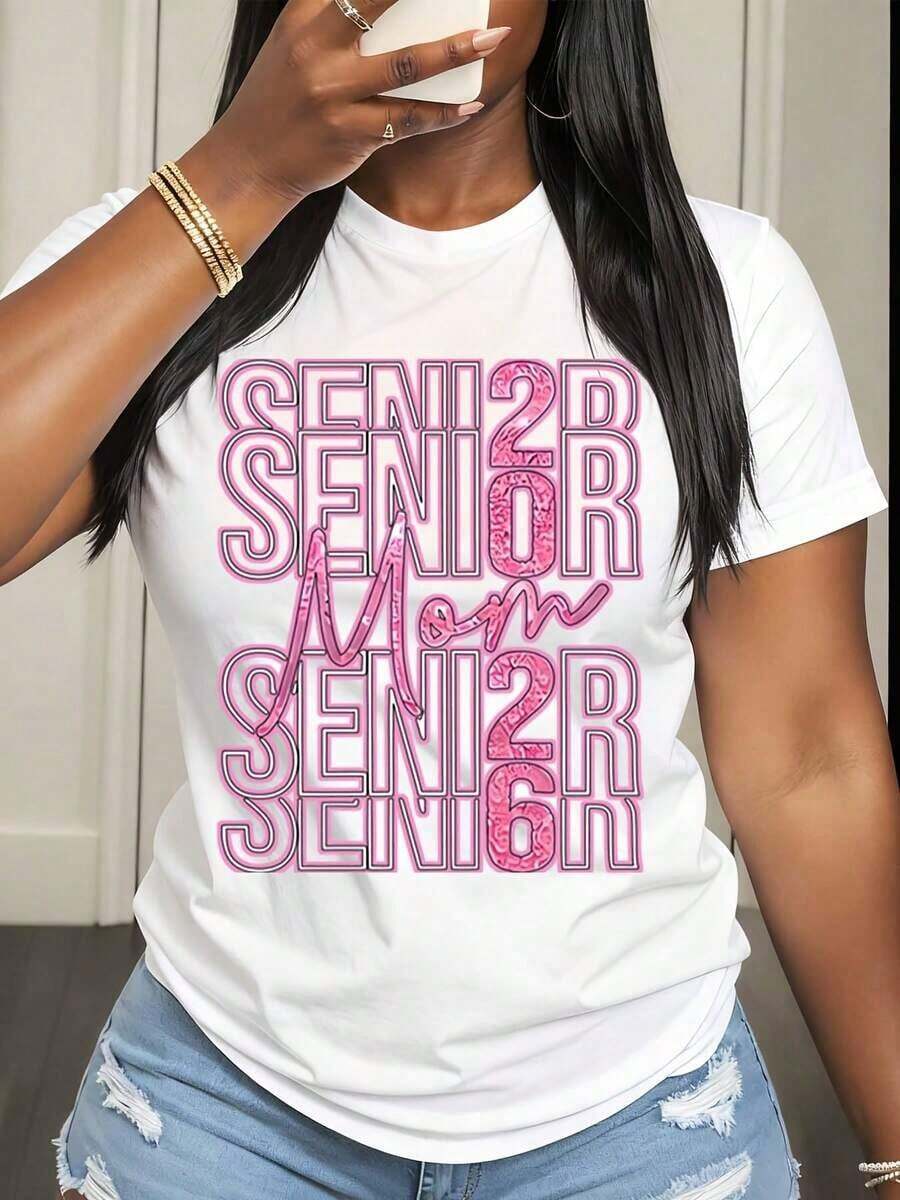 Camiseta de Mujer con Diseño de Texto Brillante Rosa para Mamá Mayor, para Uso Casual en Primavera y Verano - Blanco - Ver 1