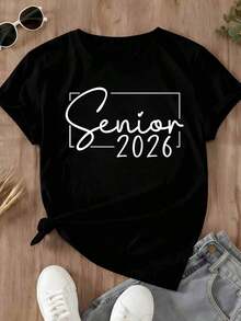 Camiseta de Mujer para Graduación 2026 con Estampado Gráfico, Ropa Casual de Verano para Celebración de Graduación - Negro - Ver 2