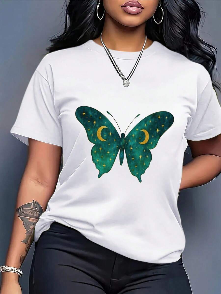 Cuello Redondo Talla Grande - Camiseta Oversize para Mujer - Top casual de manga corta, diseño de mariposas y cielo estrellado en verde y dorado, tela transpirable y ligera, estilo casual para primavera y verano, adecuada para el hogar y salidas, diseño geométrico divertido, camiseta con mariposas, ropa de verano, cuello redondo, textura suave, camiseta a la moda, ropa de verano, Blusas Para Mujer Casual. - Blanco - Ver 1