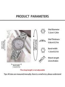 Women's Luxury Lightweight Diamond Watch Set, Including A Silver Metal Strap Roman Numeral Quartz Watch With Full Diamond Dial And Bezel, And A Minimalist Letter Charm Bracelet. The Watch Features A Fully Diamond-Encrusted Dial And Bezel Design, Paired With A Shimmering Silver Metal Strap, Exuding An Elegant And Luxurious Aura. - Silver - View 5