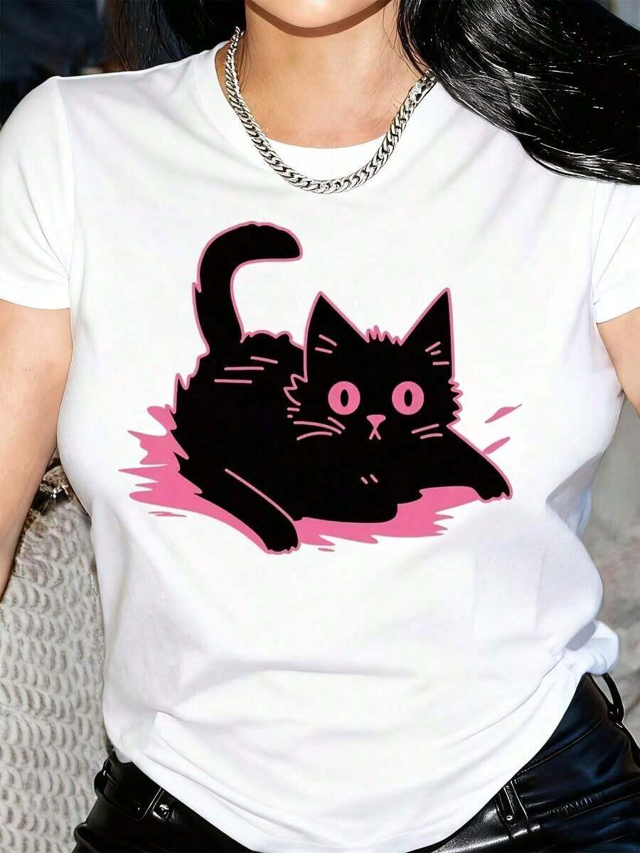 Camiseta de mujer con estampado de gato blanco, diseño de salpicaduras rosas y gato atigrado negro - Top casual de manga corta con cuello redondo suave, conjuntos a juego para parejas, atuendo casual cómodo para todas las estaciones, estampado digital duradero para eventos temáticos y uso diario - Regalo ideal para amantes de los gatos, camiseta gráfica para mujer, camiseta de otoño para mujer, camiseta vintage para mujer, camiseta de viaje para mujer, camiseta para mujer, camiseta gráfica para mujer, camiseta de mujer, camisa de mujer, blusa de mujer, top para mujer, ropa de mujer, , Cruise - Blanco - Ver 1