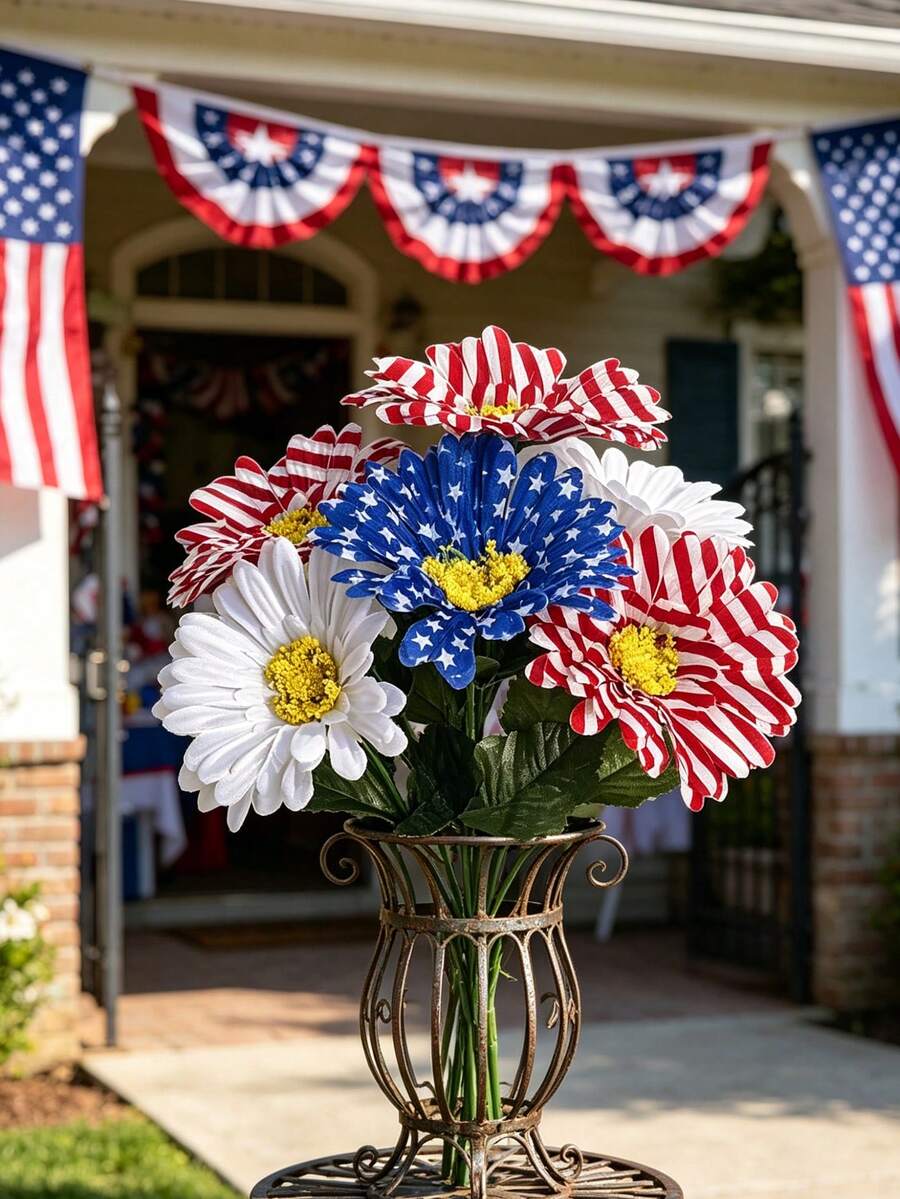 4th Of July Daisy Flower Bouquet - Made With Classic Red, White And Blue Artificial Flowers, Suitable For Outdoor Table Decor, Fence, Garden Planters And 4th Of July Outdoor Celebration Decorations - Multicolor - View 1