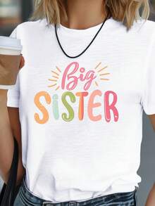 Women's Fashion Oversized Cotton T-Shirts 2026 Big Sister Pride Illustration Comfortable Soft And Cozy Women's T-Shirt For Everyday Wear Short Sleeve Top - 白色 - 查看 7