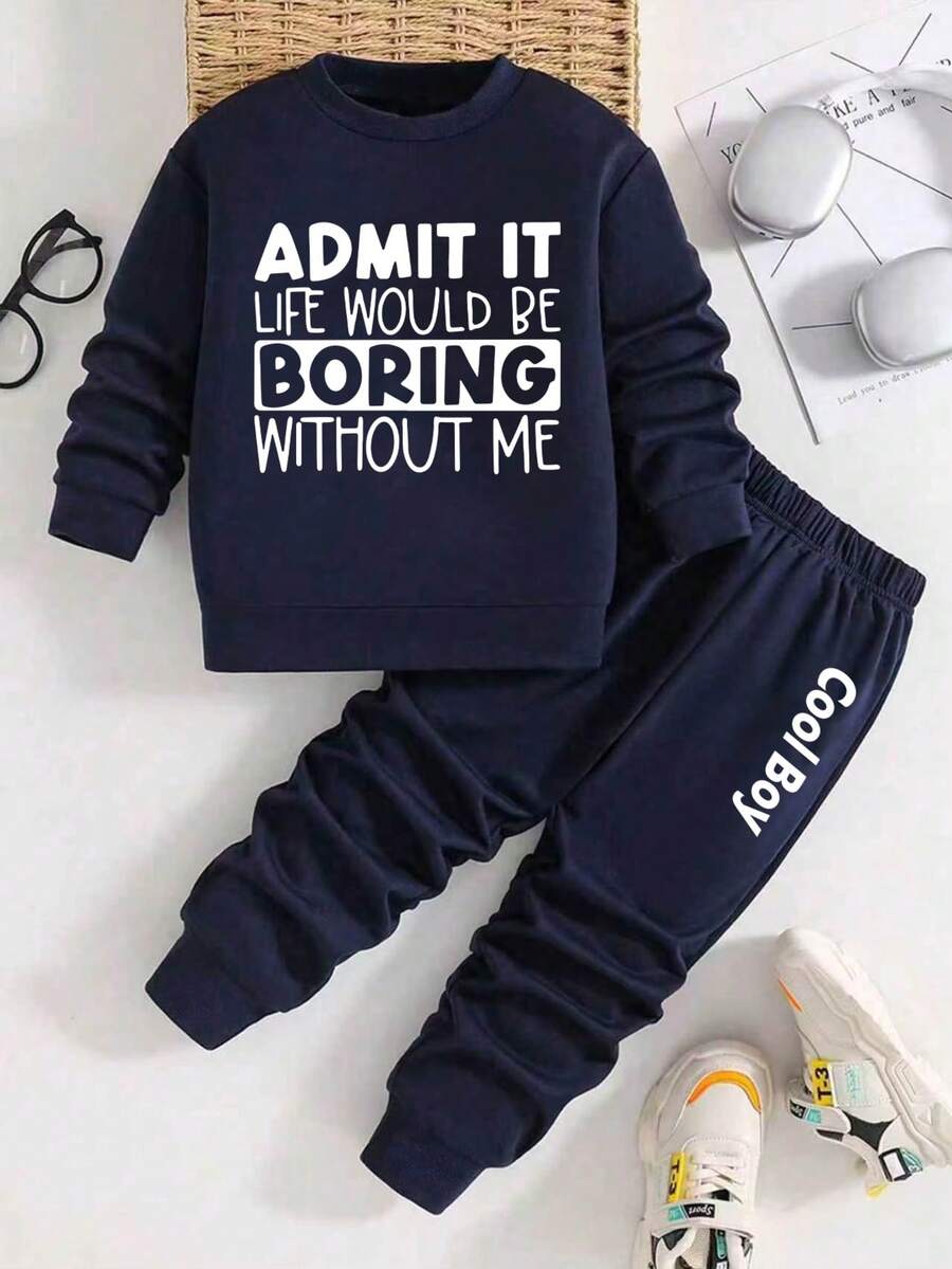 Toddler Letter Pattern Warm Round Neck Sweatshirt And Sweatpants - Royal Blue - View 1