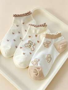 5 Pares de Meias Curtas Femininas, Meias Curtas com Padrão de Urso em Cor de Café com Leite para Primavera/Verão, Usando Tons de Café com Leite de Baixa Saturação, Suave e Versátil, Tecido Confortável e Macio, Respirável e Não Abafado, Adequado para Uso em Todas as Estações, Padrões Incluem Laços, Borlas, Flocos de Neve, Costura, Long Drink - Multicolorido - Visão 3