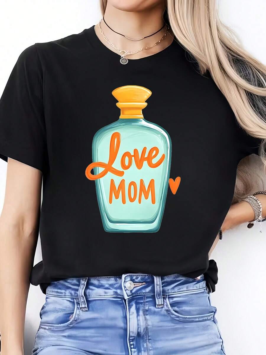Camiseta unisex con diseño de botella de perfume en forma de corazón, cuello redondo, cómoda y suave, Feliz Día de la Madre, entrega local - Camiseta unisex de algodón suelto de manga corta y cuello redondo, estilo vintage urbano. - Negro - Ver 1