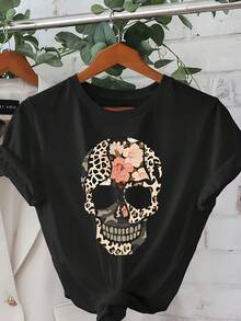 Camiseta de mujer con estampado de calaveras góticas de vanguardia - anga corta, cuello redondo, top casual de verano con diseño de esqueleto, lavable a máquina, adecuada para uso diario y fiestas temáticas - En stock, no disponible en otras plataformas. Traje de fiesta elegante,T-shirt para damas elegantes,Blusas adecuadas para mujeres con curvas,Faldas de graduación,Ropa casualEstampado de animales adorables ,Estampado de letras divertidas - Negro - Ver 8