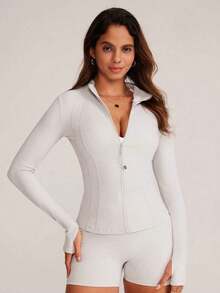 2026 Chaqueta deportiva de ajuste ceñido para mujer VUTRU con ojales para el pulgar y cuello alto, primavera - Gris Claro - Ver 4