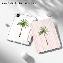 Pink Striped And Palm Tree Pattern Painted Effect Acrylic Crystal Tablet Protective Case, Built-In Pen Slot, Compatible With Apple/Honor/ Xiaoxin/ A9/A9+/A11/S11/S10 FE+ And Other Popular Models, Foldable Anti-Bend, Multi-Angle Foldable Stand - Multicolor - View 2